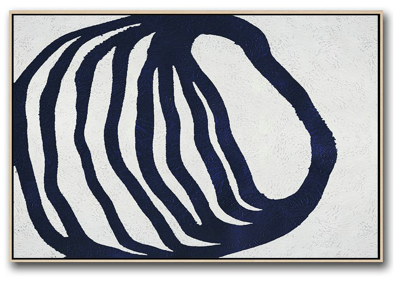 Acrylic Painting Large Wall Art,Horizontal Abstract Painting Navy Blue Minimalist Painting On Canvas,Canvas Paintings For Sale